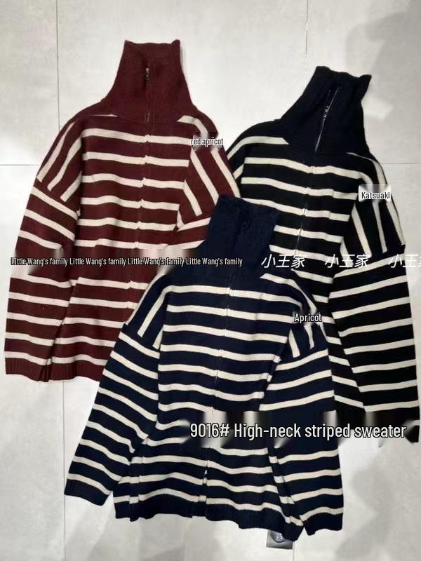 

Повседневный вязаный свитер-пальто в корейском стиле с высоким воротником и полосками большого размера Xiao Wang s 9016 One Size красный