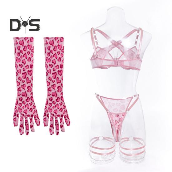 1 Set Damen-Unterwäscheset inklusive Handschuhen und Oberschenkelringen, Kettendekor, Herzdruck, G-String, ausgehöhlt, verstellbarer Kreuzgurt, Schlafzimmer, Hochzeitsnacht