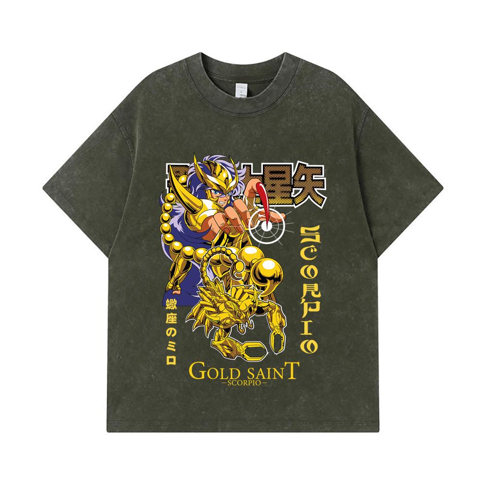 

275 GSM Washed T-shirts 100% Cotton Saint Seiya V24 Scorpio Print Unisex Heavy Cotton T Shirt S армия зеленый