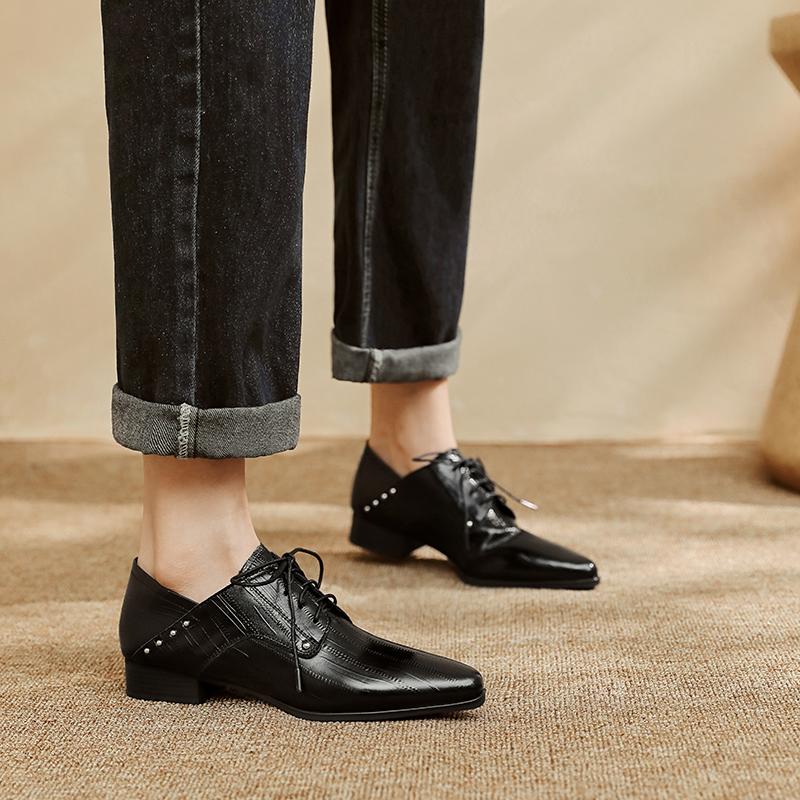 Fashion Classic Women Pumps Spring Autumn Office Ladies Casual Low Heels Comfortable Genuine Leather Lace-Up High-heeled Shoes Woman
