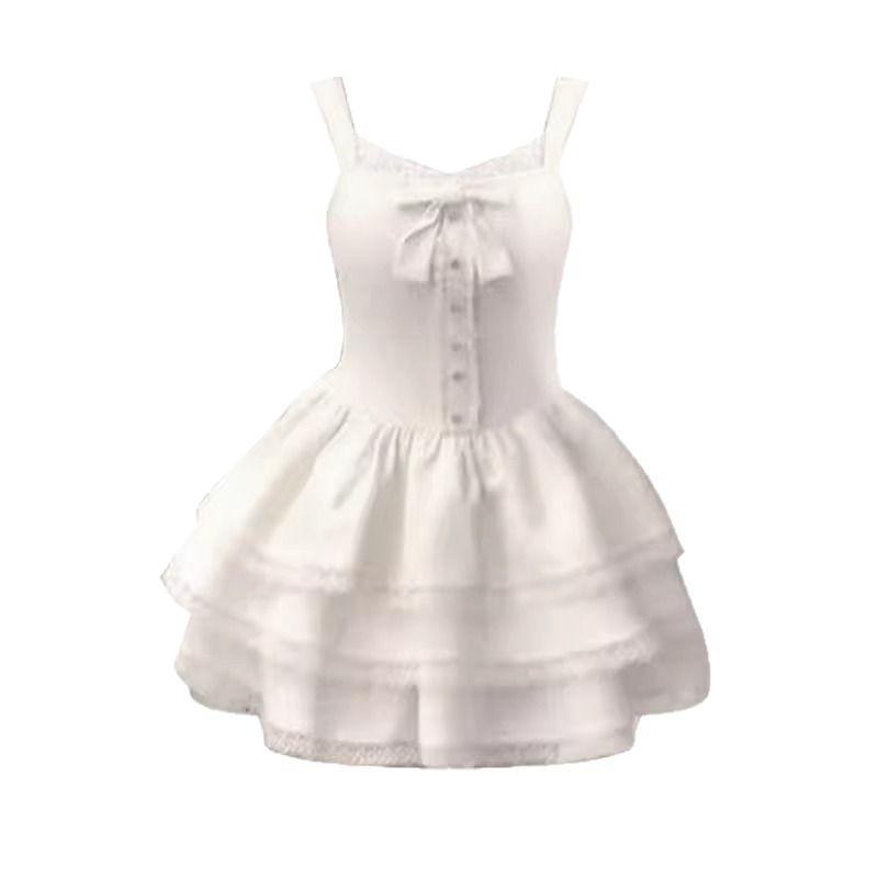 Summer Sweet Wind White Splicing Suspender Dress Beautiful Unique Temperament Waist Fluffy Cake Dress