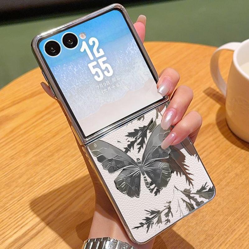 

Butterfly Pattern Case For Samsung Z Fold 7 6 5 Luxury Hybrid 3in1 Leather Skin Plating Folding Phone Cover For Samsung Z Fold7 Fold6 Fold5 Samsung Z Flip5 бежевий