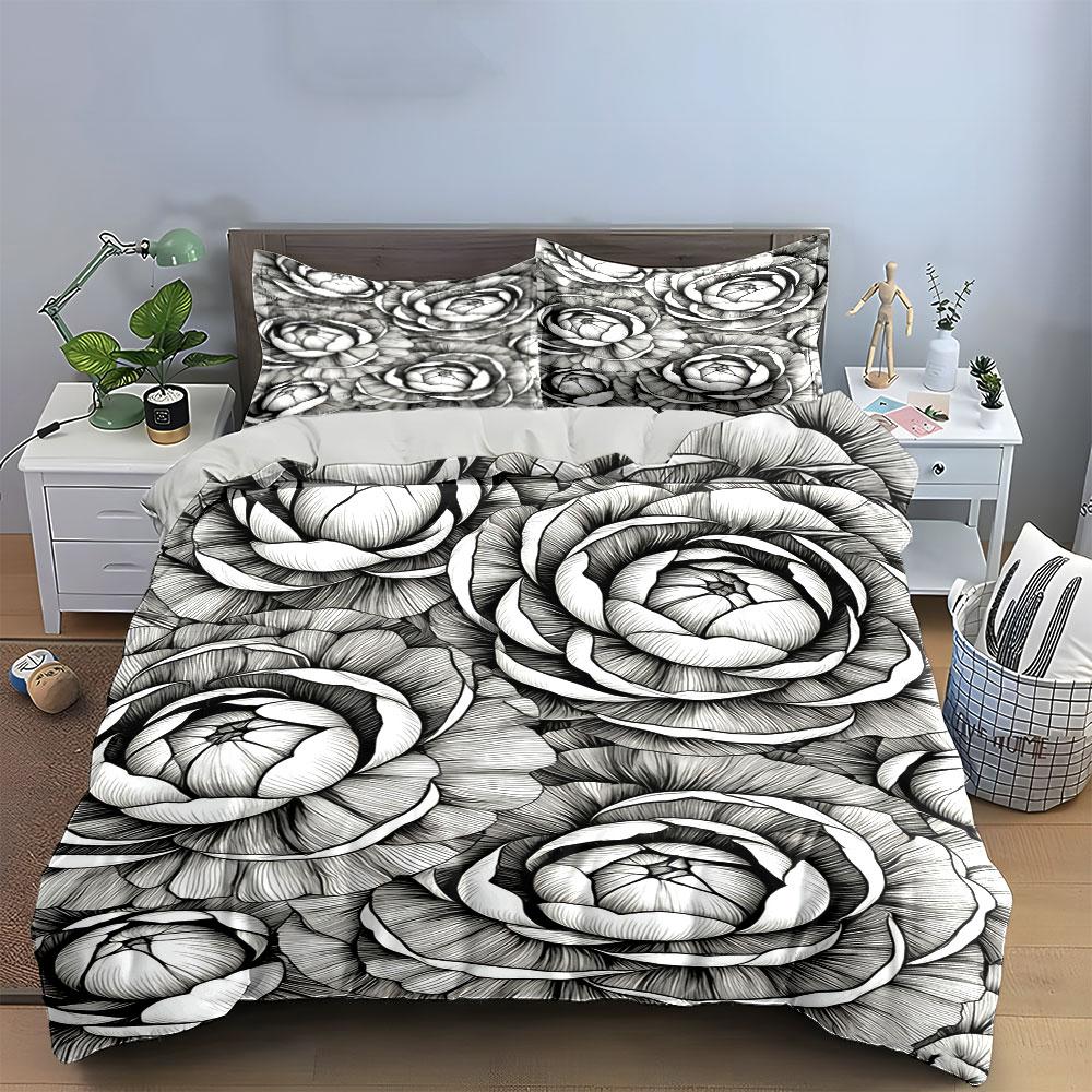 Large black-and-white roses. Bedding sets Duvet cover sets Duvet covers Pillowcases(1* Duvet Cover 2* Pillowcases without duvet insert)