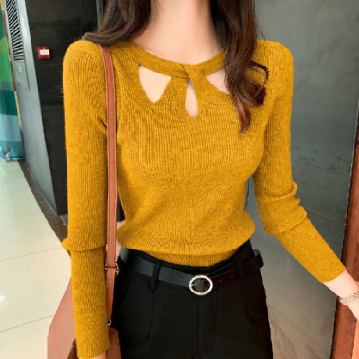 Women's O Neck Stretch Sexy Pullover Lady Autumn Winter Hollow Solid Color Sweater Slim Bottoming Shirt Jumper