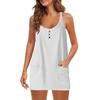 Women's Casual Solid Color V-Neck Buttoned Pullover Sleeveless Fake Two Piece Dresses