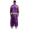 Mens Arabian Prince Costume Shiny Gold Trim Vest and Patchwork Lantern Pants for Cosplay Halloween Theme Party Curved Waistcoat