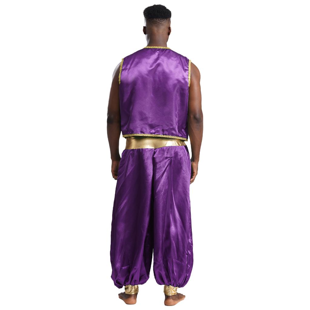 Mens Arabian Prince Costume Shiny Gold Trim Vest and Patchwork Lantern Pants for Cosplay Halloween Theme Party Curved Waistcoat
