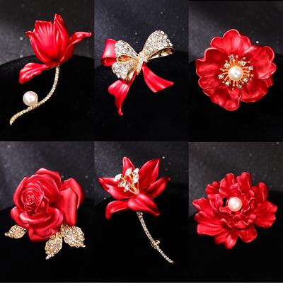 Rose Brooch High-End Ladies Bow Red Brooch Anti-Light Drip Oil Pin