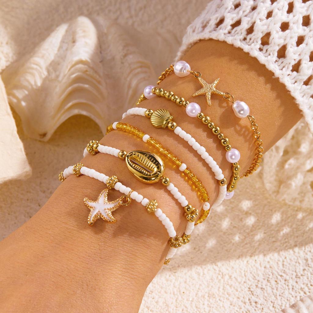 Bohemian Gold Starfish & Pearl Beaded Bracelet Set