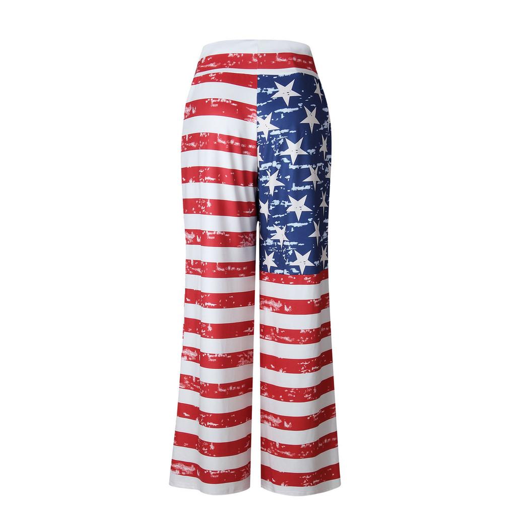Womens High Waist Casual American Flag Print Drawstring Loose Wide Leg Pants For Summer
