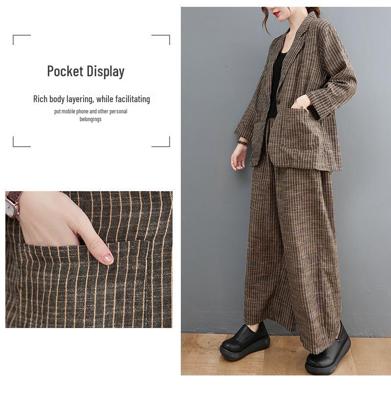 Damen 2024 Herbst Retro Baumwolle Leinen Gestreifter Blazer & Weitbeinige Hose Set