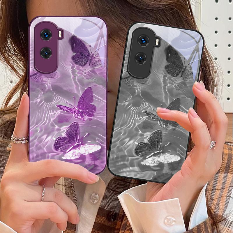 Lucky Butterfly White For Honor 200 90 8X 9X Pro Lite P50 P40 Nova 10 11i P60 Magic4 6 Mate 20 50 Tempered Glass Phone Case