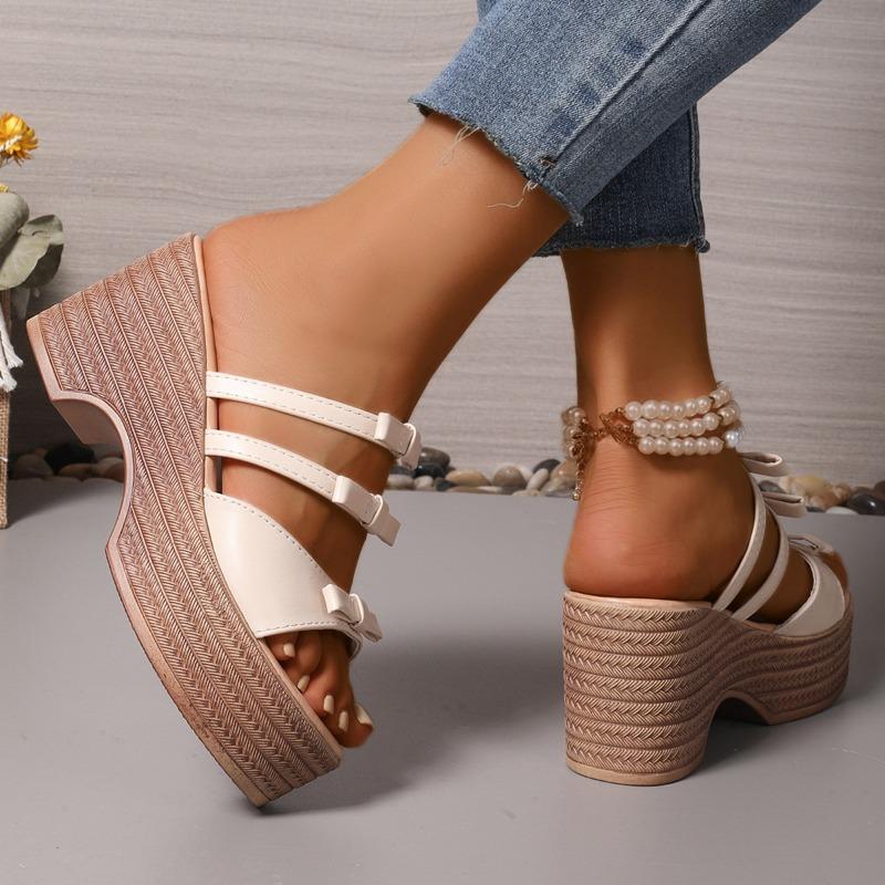 N Nü Korean Summer Muffin Platform Slipper Women's Wedge Peep Toe Bow High Heel Sandal