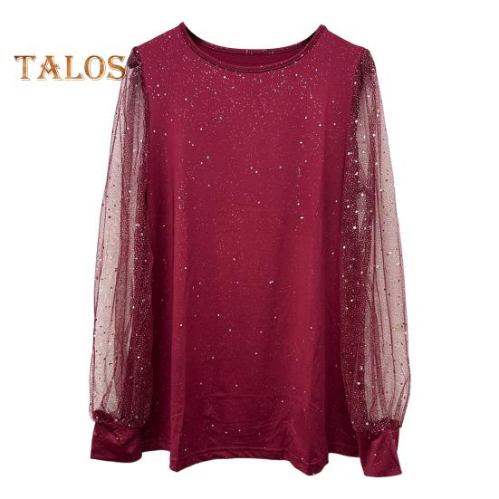 

Женская футболка с круглым вырезом, прозрачные блестящие топы с длинным рукавом, однотонные, свободного кроя, повседневные топы для повседневной носки M вино красного