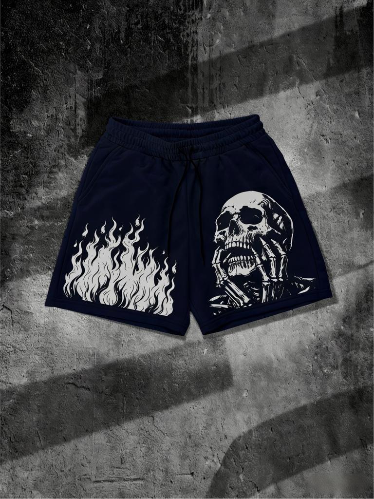 European and American Men's Summer Flame Skull Print Comfortable and Breathable Drawstring Shorts for Outdoor Leisure Vacation