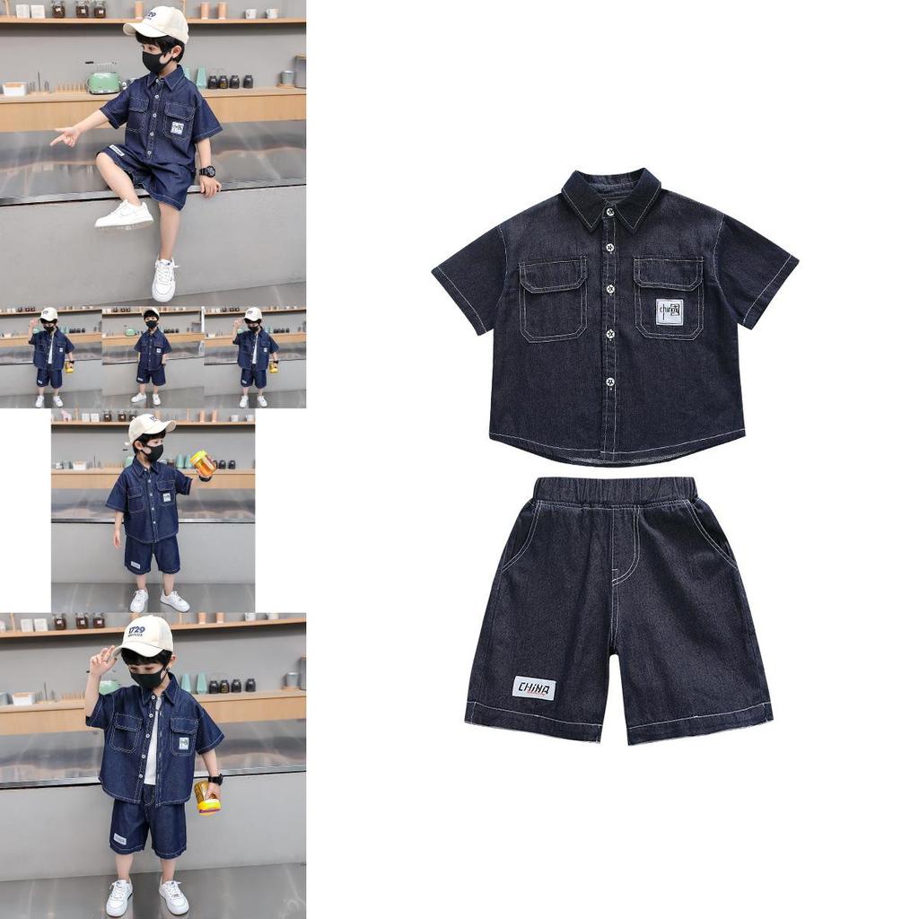 Trendy Blue Boys Denim Short Sleeve Set For Summer Stylish Casual Outfit For Kids