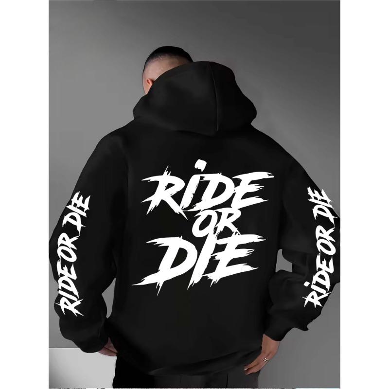 Men’s Ride or Die Hoodie Graffiti Typography Graphic Back Sleeve Print Gothic Streetwear Fleece Sweatshirt Autumn Winter