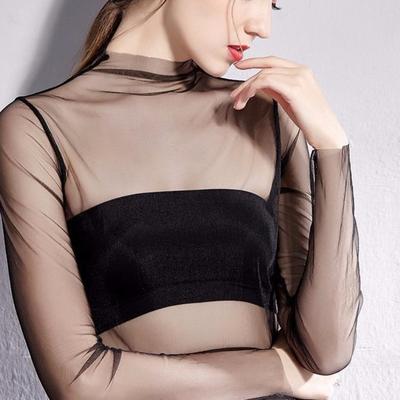 Mesh Base Shirt for Women Long Sleeved with Lace Lining Sun Resistant Transparent Transparent and Sexy Ultra-thin Top for All Seasons