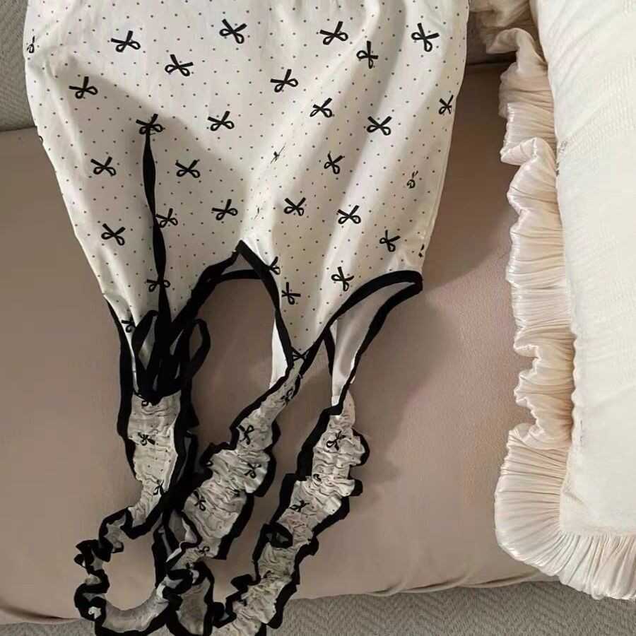 Niche Bow Polka Dot Canvas Bag Sweet Maiden Drawstring Pleated Tote Student Commuter Shoulder Bag