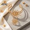 Golden Tone Jewelry 2Pcs Retro Sun Bangle Ring Set Open Adjustable Cuff Bracelet & Ring Plated Statement Hand for Women