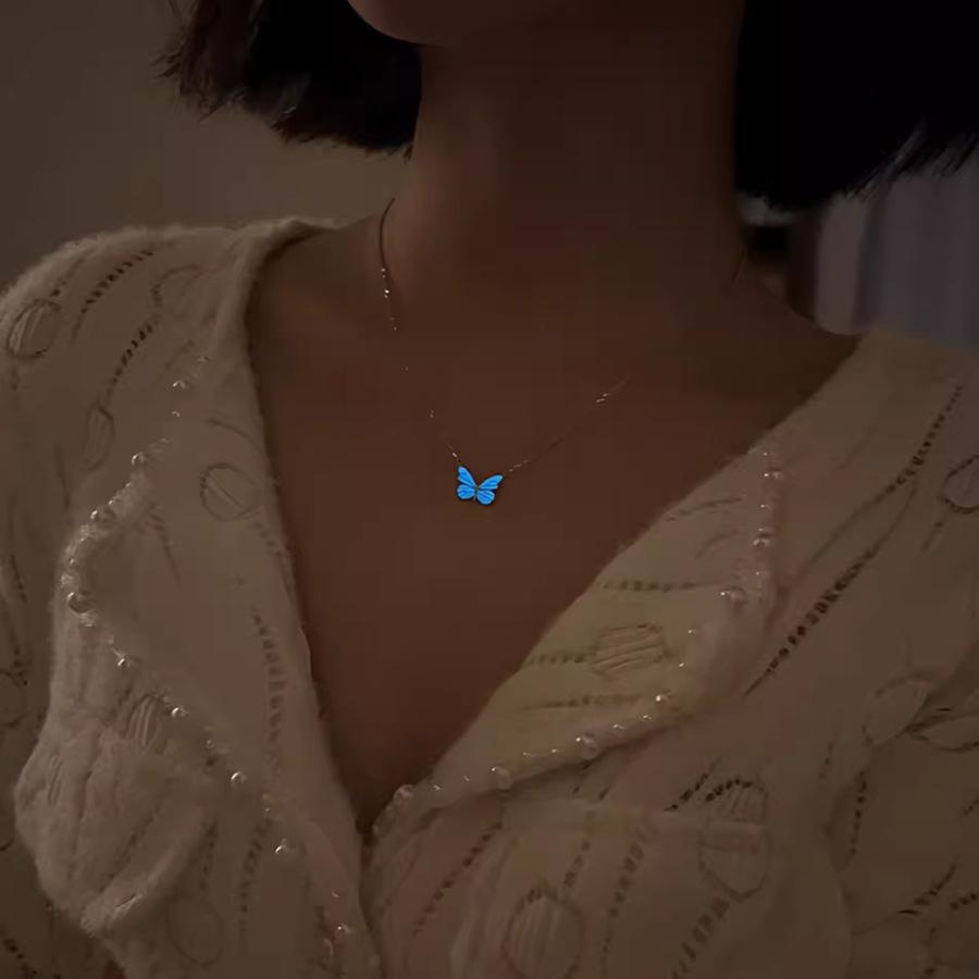 Blue Luminous Butterfly Pendant Necklace, Light Luxury Exquisite Style Niche Design Collarbone Chain Necklace