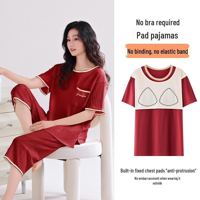 Women's Antibacterial Cotton Pajamas with Built-in Bra Pads - Short Sleeve, Cute & Comfortable Summer Loungewear Set