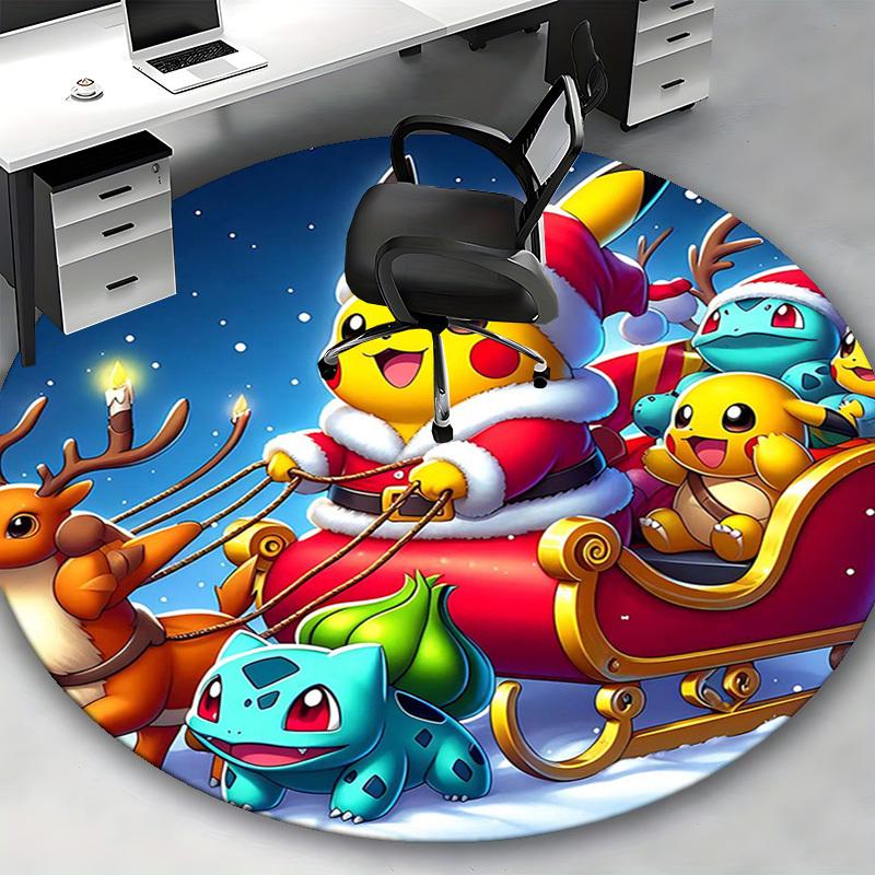 1pc Christmas Pikachu Santa Claus Round Carpet - Anime Design Office Chair Mat, Non-Slip Rug for Home Decor, Living Room