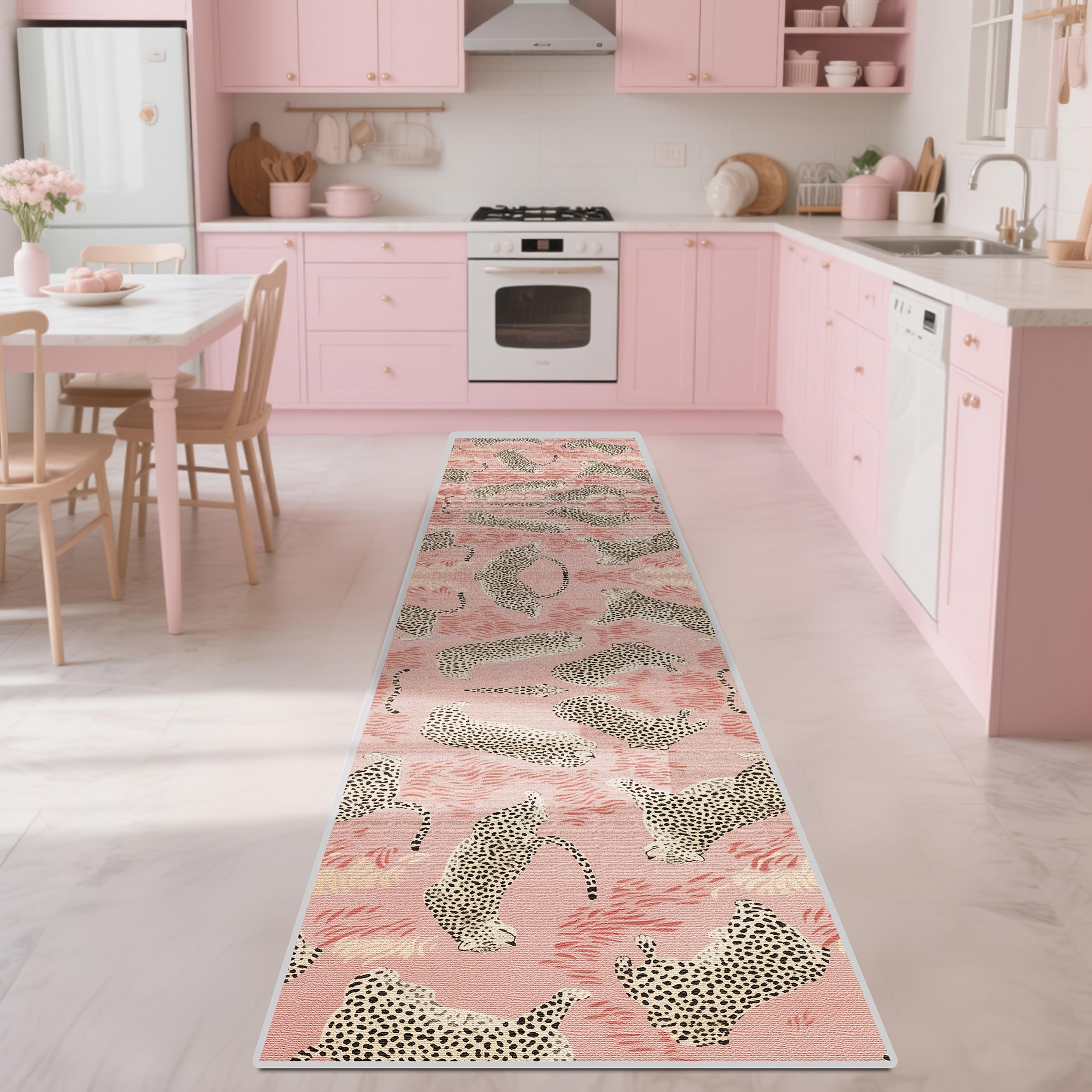 

VIKAMA Pink Leopard Print Long Rug for French Luxury Entrance Hall Floor Mat Anti-Slip Kitchen Bedroom Carpet Home Decoration 50x120cm 20x47inch