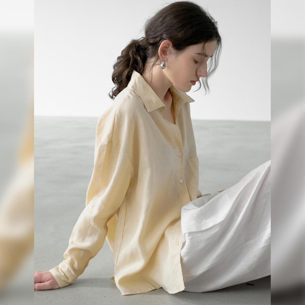 % Flax light and thin long-sleeved women's shirt spring and summer new solid color high-end loose women's shirt