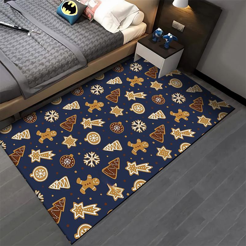 Christmas-Themed Carpet with Gingerbread, Snowflakes, and Tree Pattern Suitable for Use As an Anti-slip for Living Room Bedroom Sofas