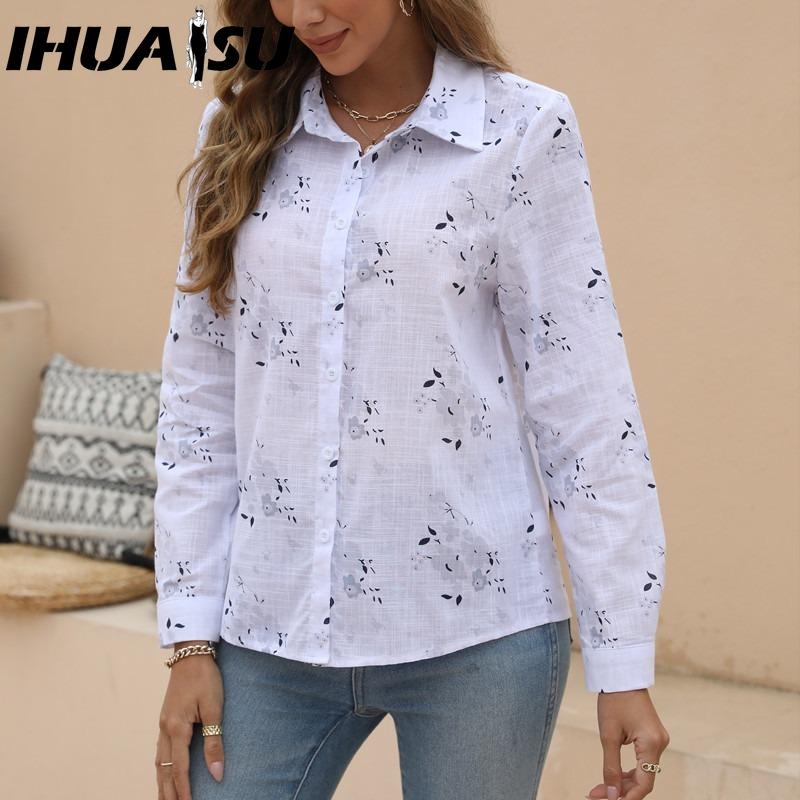 

IHUASU Женские модные повседневные блузки и рубашки с длинным рукавом и воротником поло S белый