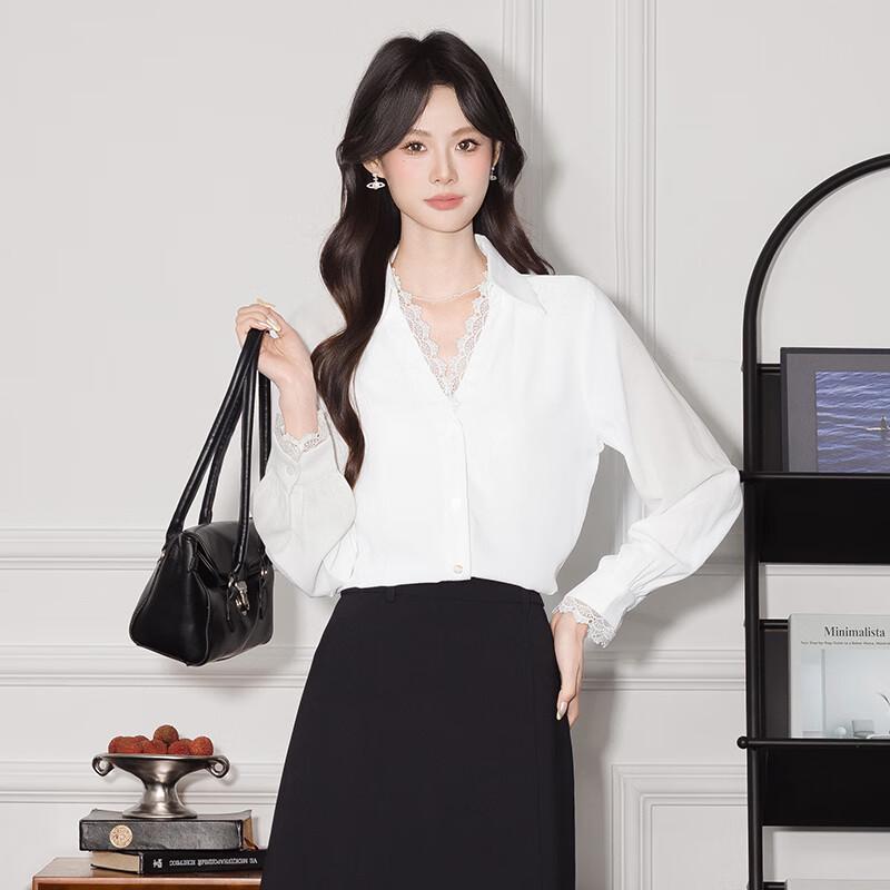 Women's Polo Collar Lace Trim Long Sleeve Shirt