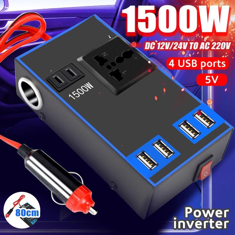 Car Power Inverter Cigarette Lighter Socket Quick Charge 12V/24V To 220V Car Splitter with 4 USB Ports 1500W