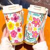 Simple Design Fashion Floral 500ml-LLB/16.9oz - 316 Stainless Steel Double-Wall Insulated Travel Cup with Lanyard & Straw Gift