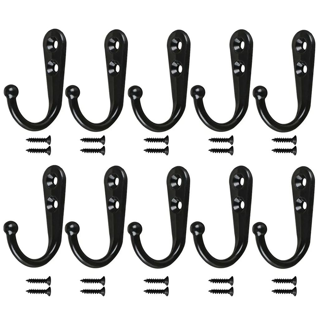 10pc Wall Mounted Single Coat Hanger Hook Rustic Robe Hook Black Metal Towel Hook Classic Style Hanger for Hat Key Closet Bag Backpack