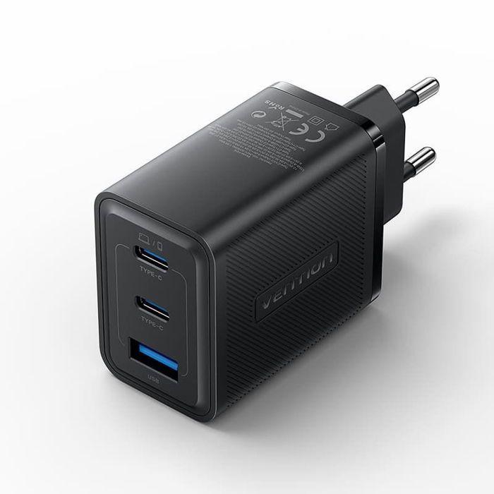 Vention 3-Port USB (C C A) GaN Charger (65W/65W/30W) EU-Plug Black