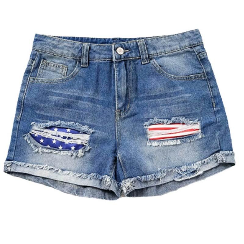 Womens Distressed Washed Denim Shorts With American Flag Patch Appliqu Relaxed Fit Straight Cut Mid-Rise Casual Jean