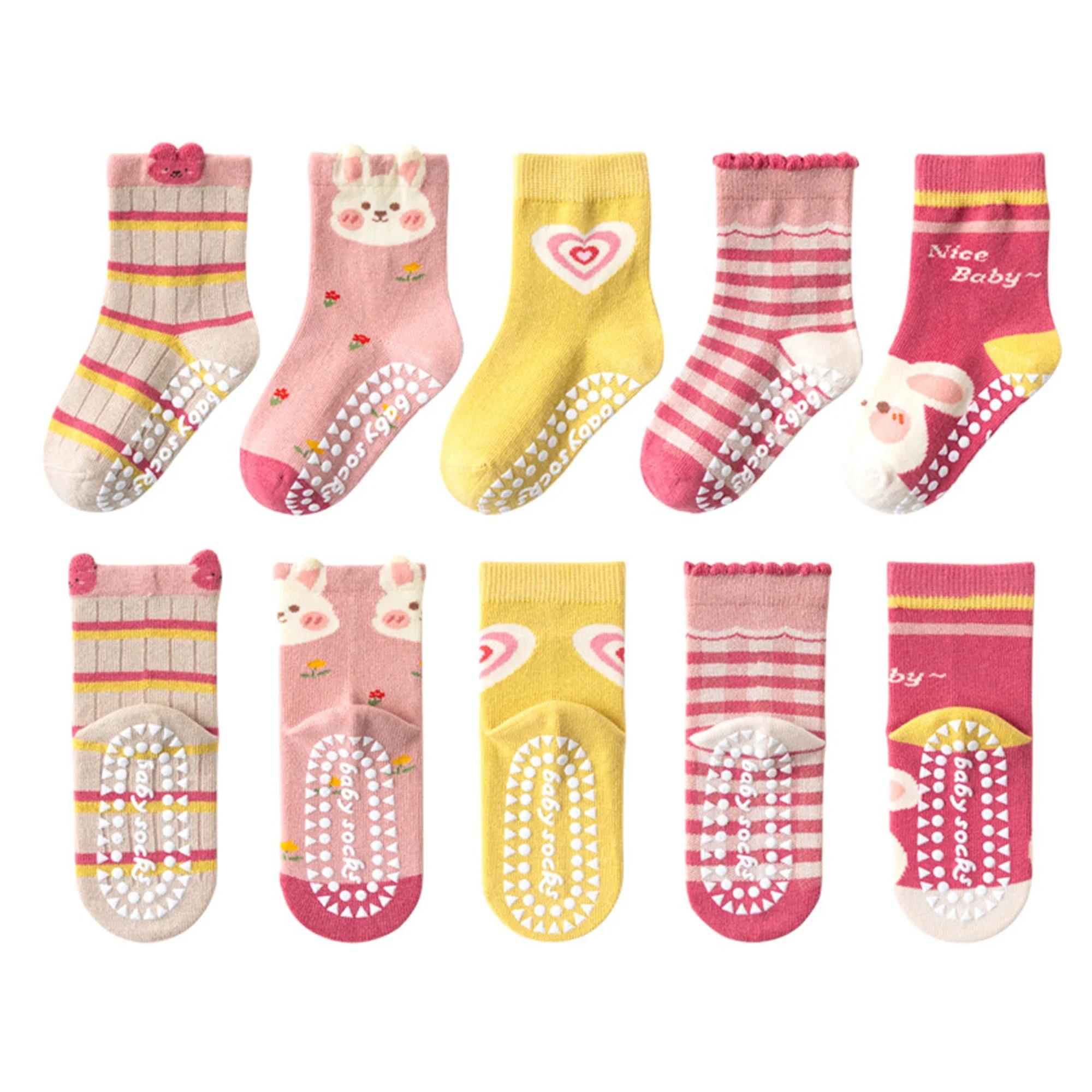 5 Paires de Chaussettes en Coton pour Enfants 1-12 Ans Mi-mollet Distribution Sol Aire de Jeux Chaussettes Antidérapantes Trampoline Chaussettes pour Tout-petits L (6-8T) beige