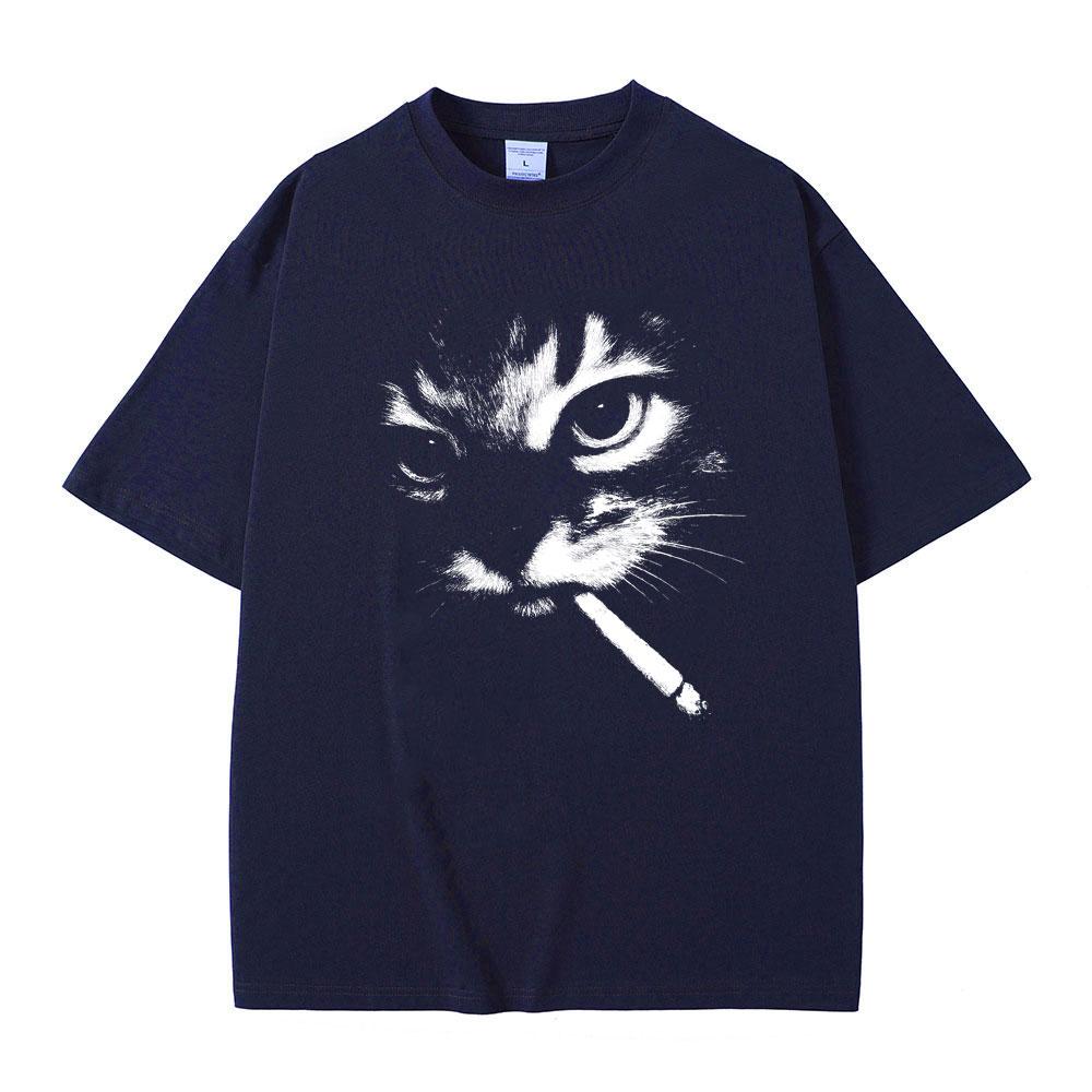Summer New Funny Meme Smoking Cat Face Graphic T-shirt Men Women Casual Cotton Vintage T Shirts Men's T-shirts Cats Lovers Gifts