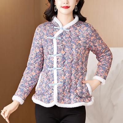 Winter Updated Updated Chinese Floral Long-sleeved Jacket Femininity Vintage Style Cotton-padded Coat