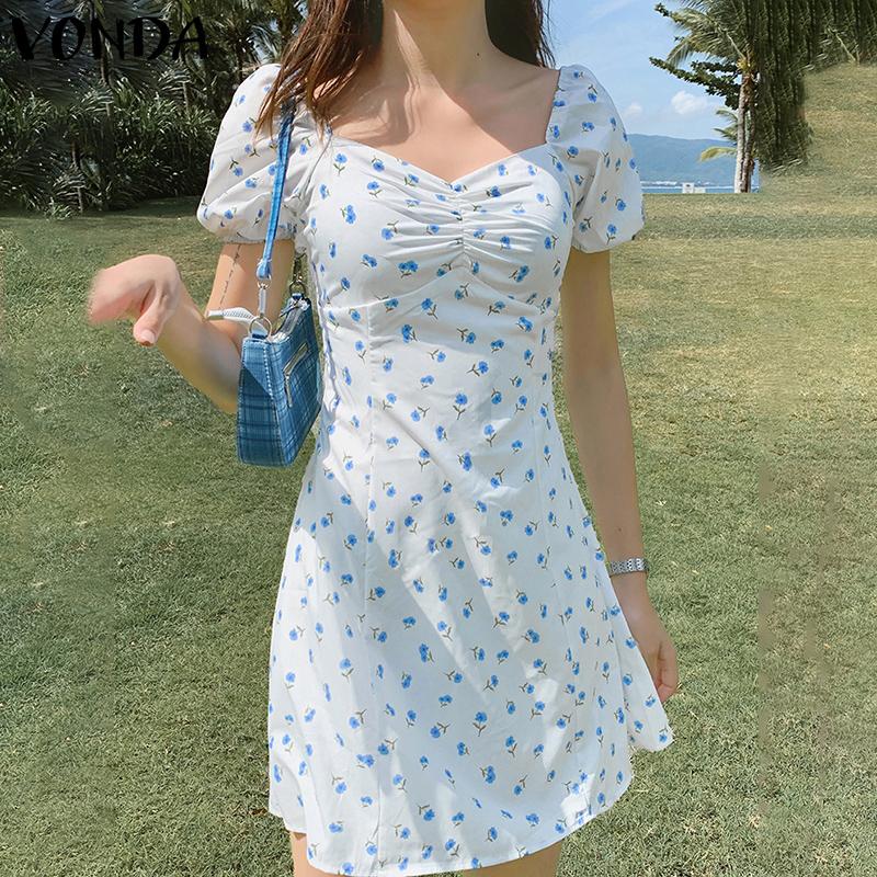 Buy VONDA Summer Women's Fashion Floral Print Party Mini Dress Korean Style  Short Sleeve Pleating Casual Bodycon Short Dresses Plus Size Vestidos at  affordable prices  free shipping, real reviews with photos