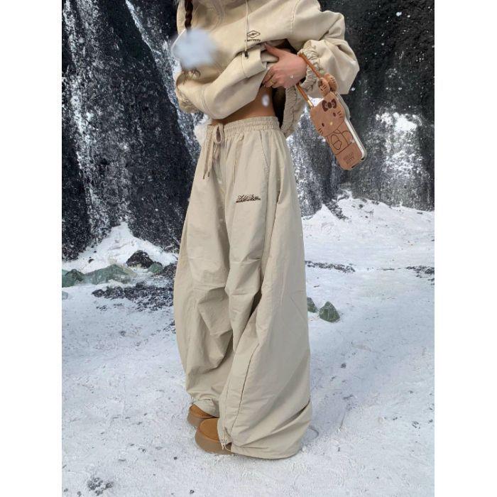 

High Street Women s Curved Blade Wide-Leg Pleated Pants with Elastic Waist & Drawstring, Autumn/Winter 2024 Trend. M хаки
