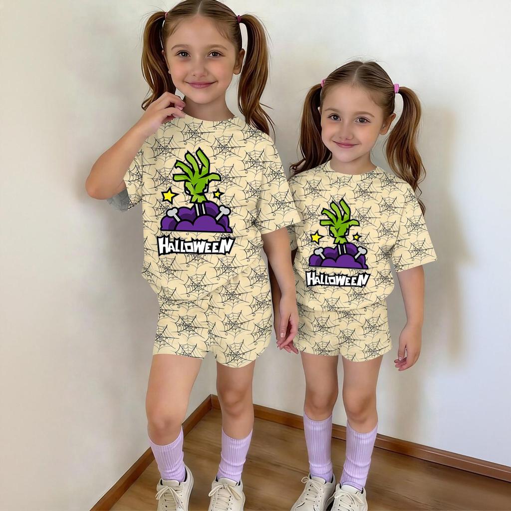 Kids Halloween Print Short Sleeve T-Shirt and Shorts Set Casual 2-Piece Outfit for Boys and Girls