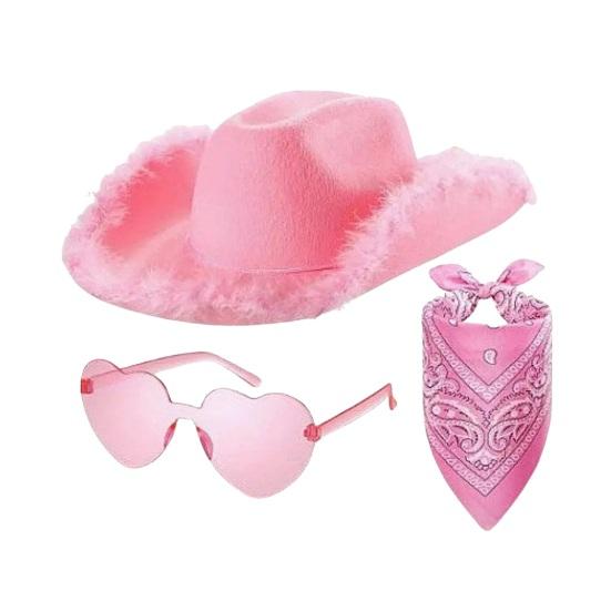 Hat Scarf Glasses Set Pink Series Felt Cowboy Hat with Feather Trim Pink Bandana Heart-Shaped Sunglasses Versatile Western Style Accessories
