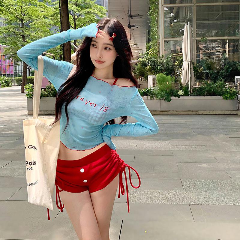 Retro Blue Slimming Four-Piece Bikini Cover-up Set for Women