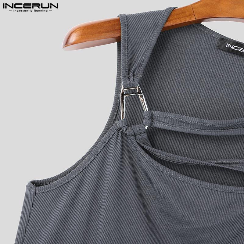 INCERUN Pánské letní bez rukávů s nepravidelnými výřezy, strečové žebrované krátké tílka