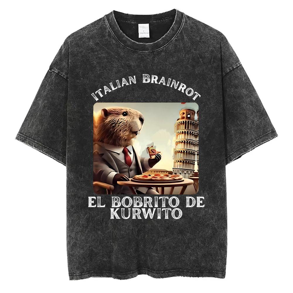 Bombardiro Crocodilo Crocodile Plane Bomber Funny Meme Washed Vintage T-shirt Men Women Casual Italian Brainrot Humor Style Tees