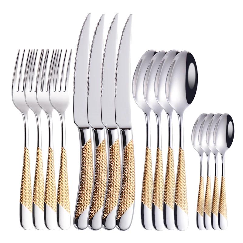 Set di posate dorate alla moda in acciaio inossidabile 18/10 Set di coltelli forchette posate Set di posate da servizio Posate Forchetta Drop Shipping