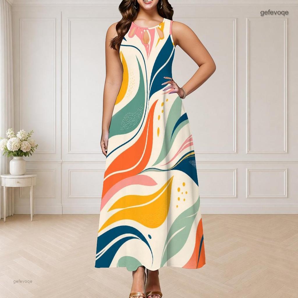 Women Plus Size Round Neck Triple Keyhole Sleeveless Abstract Printed Maxi Dress