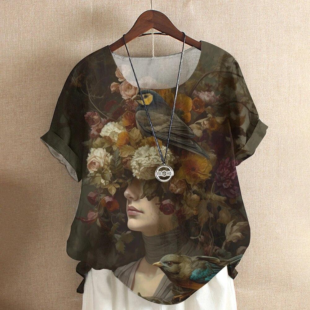 Kunst Ansikt Bluse Dame T-skjorte Mote Kortermet Tees Blomstertrykk Topper O-Hals Kule Jenter Klær Sommer Casual Genser